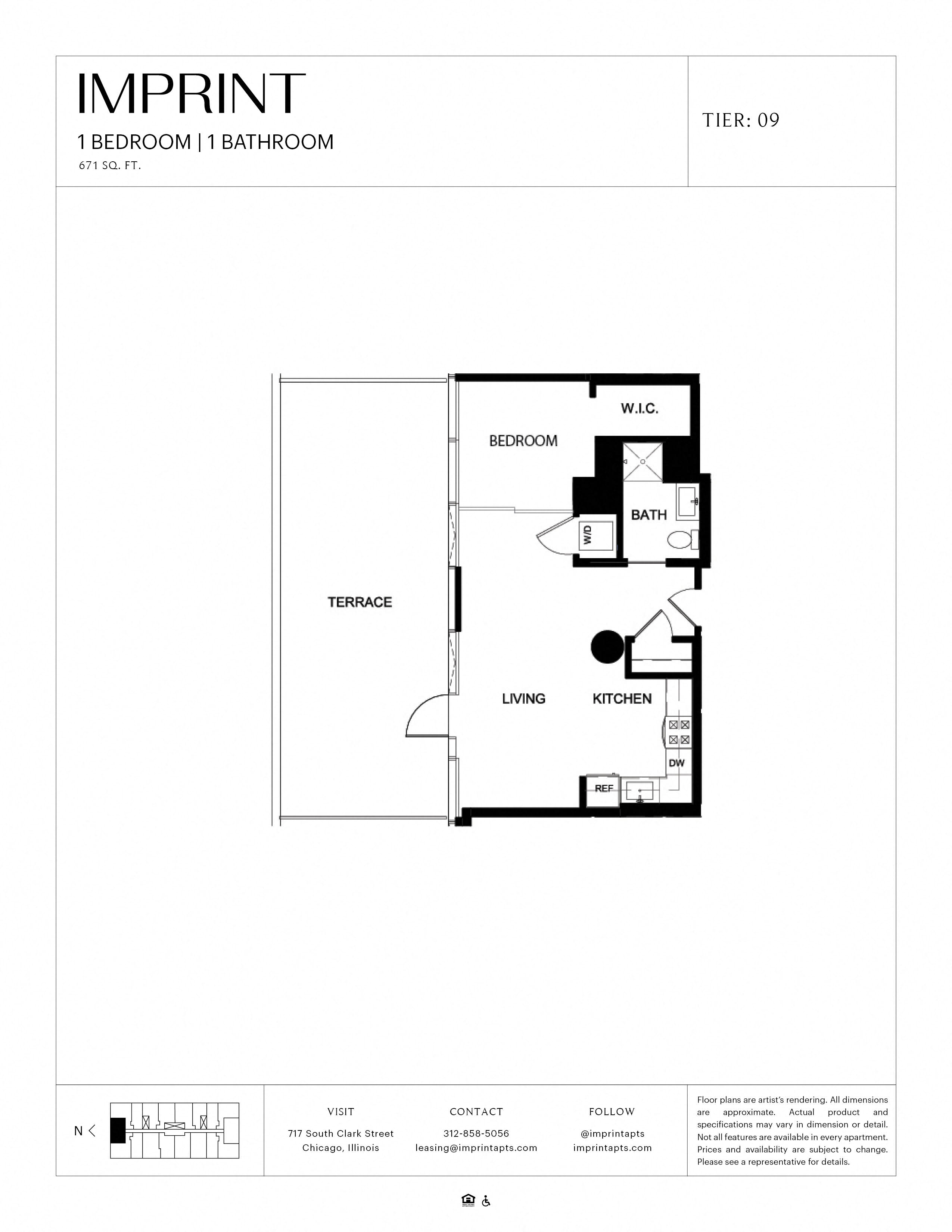 Floor plan for 1 bed, 1 bath, 671 sqft